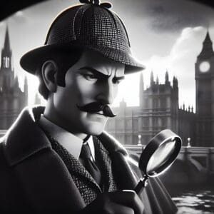 police procedural fiction. Man in dearstalker and magnifying glass